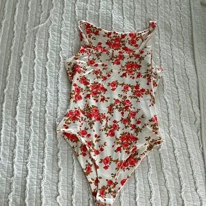 Pink and White Floral Bodysuit by Shein Size S